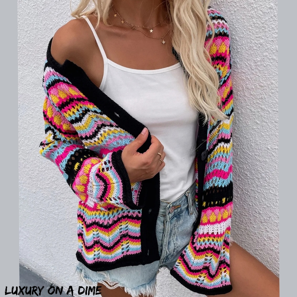 Bright Chevron Stripe Openwork Knit Button Front Long Sleeve Retro Cardigan Pink
